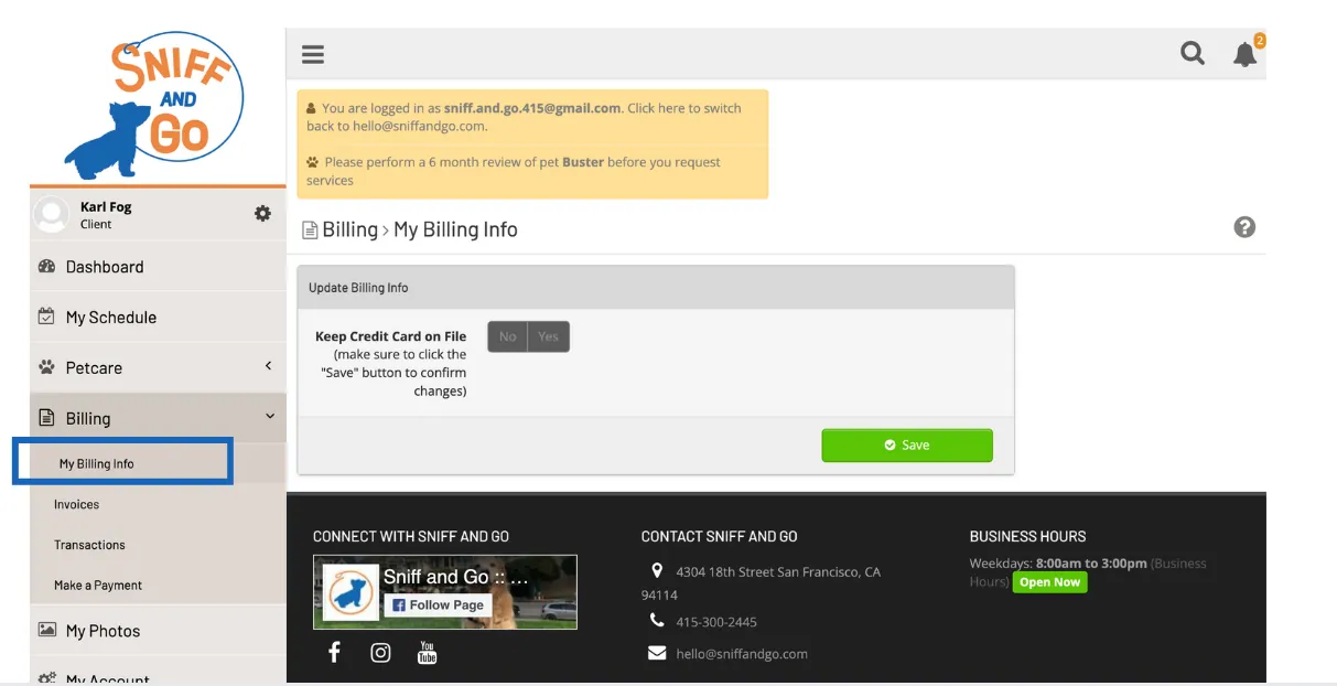 Sniff and Go client portal billing settings screen