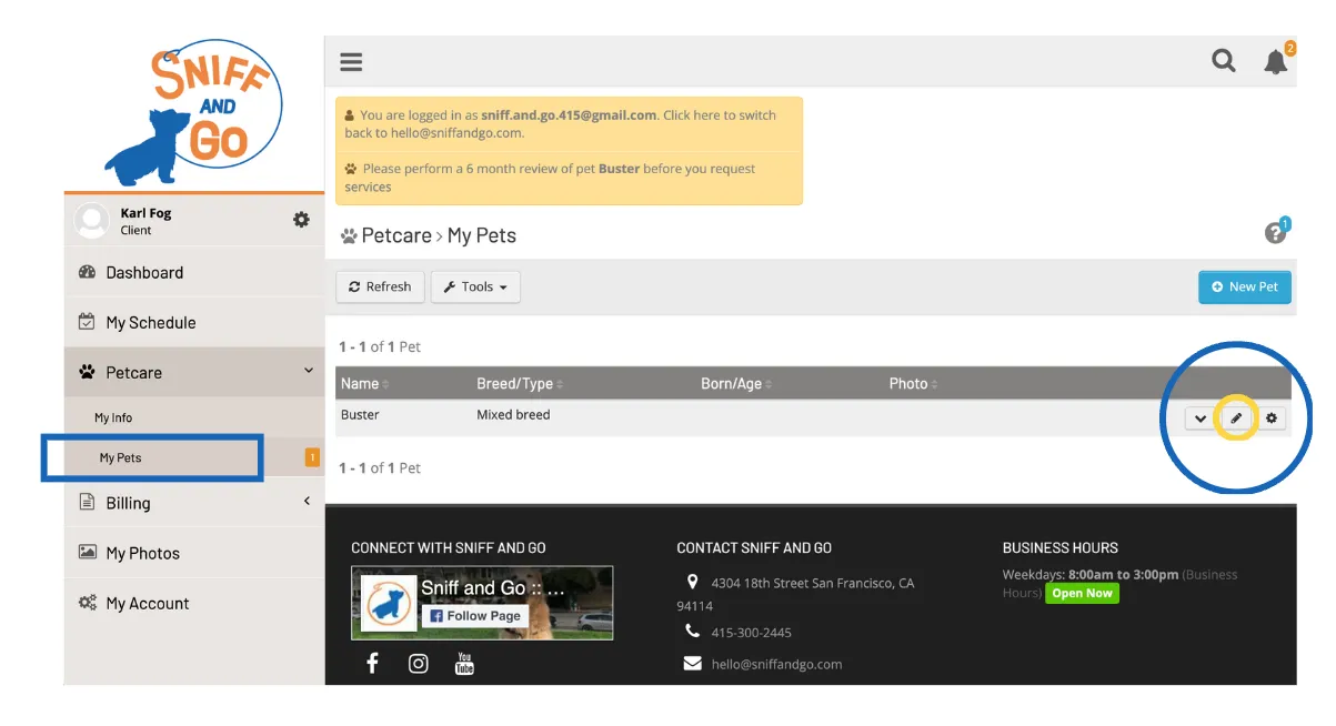 Sniff and Go client portal My Pets screen showing pet details