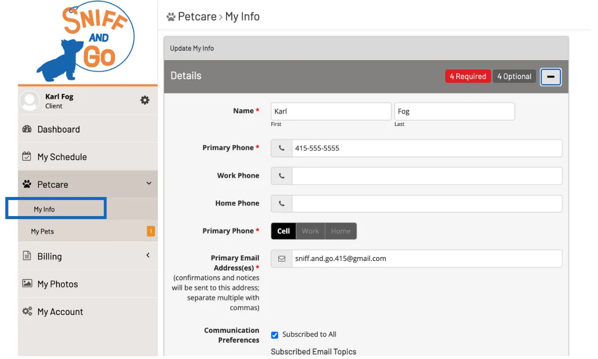 Sniff and Go client portal My Info screen showing required fields